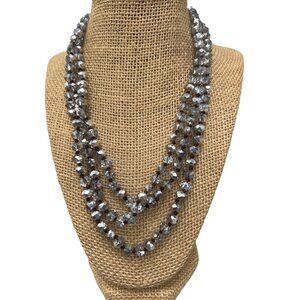 Long Strand Glass Faceted Bead Necklace Clear Silver Knotted 60" No Clasp